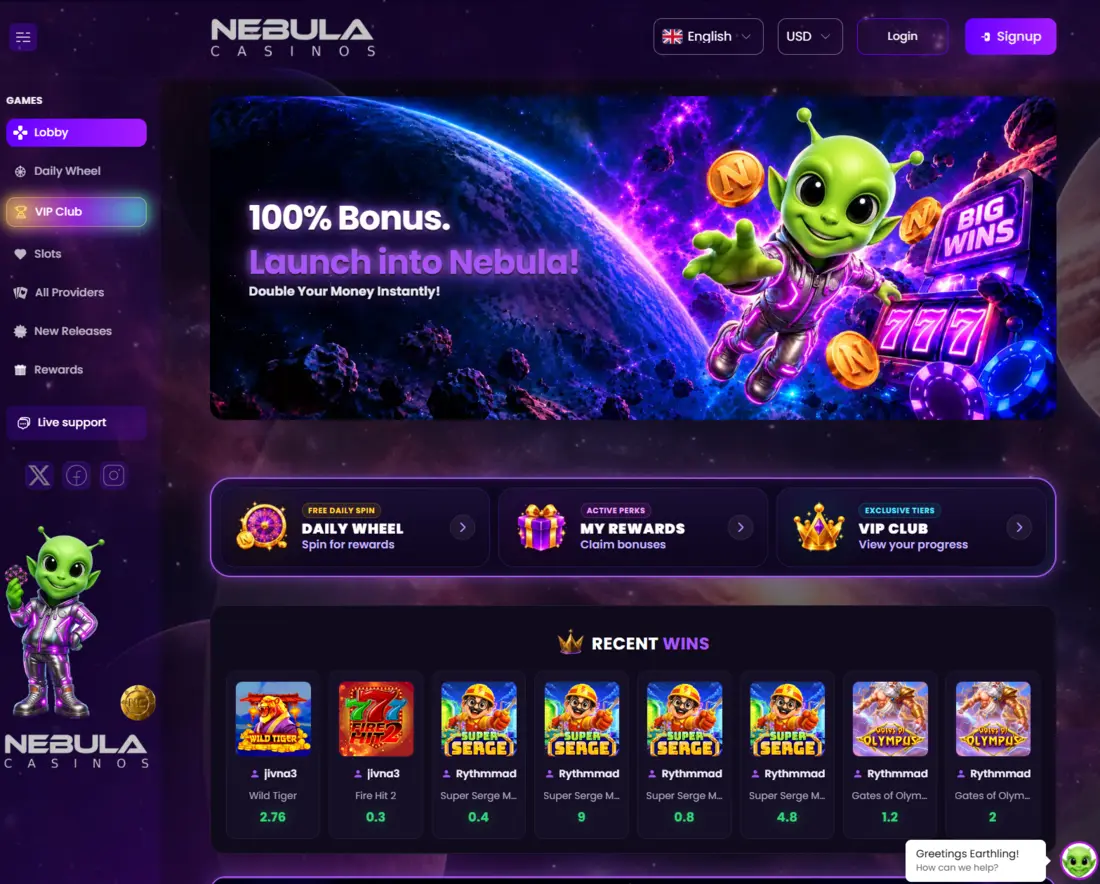 Illustrative screenshot of the Nebula Casinos website